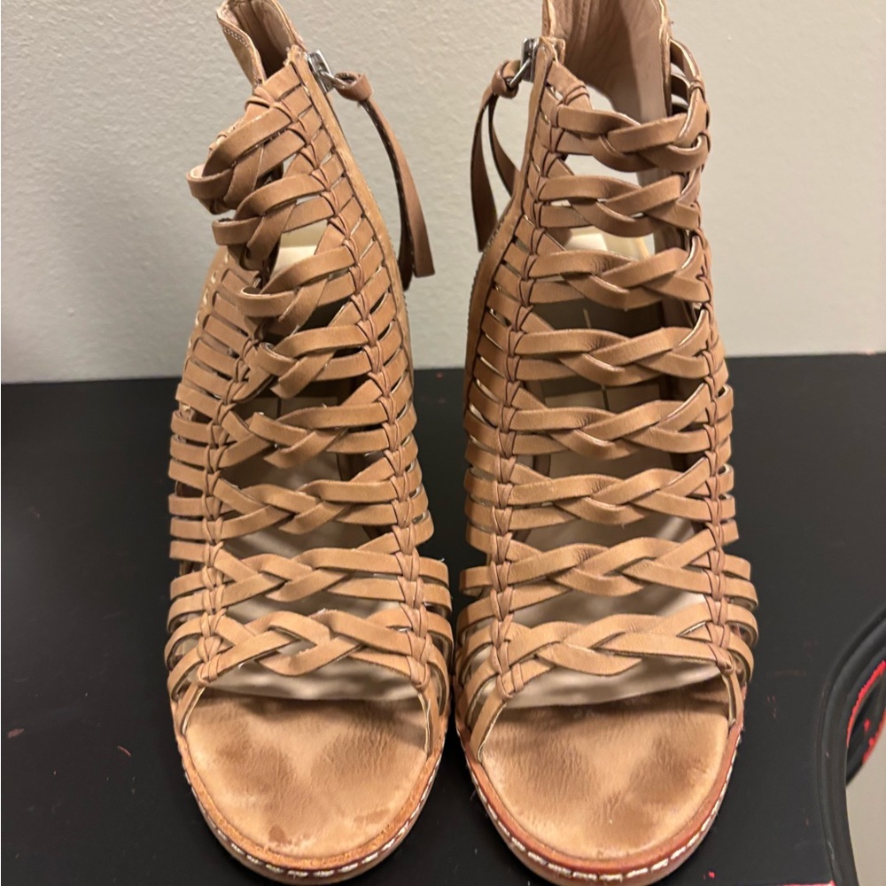 Tan Heeled Sandal Booties with Woven Design